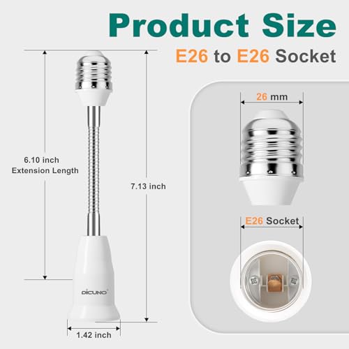 Image of DiCUNO E26 /E27 Socket Extender Adapter, to Flexible Extension, All-Directional Adjustable Standard Medium Light Bulb Converter (2-Pack)