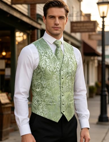 Image of DiBanGu Mens Vest and Tie Set Formal Paisley Waistcoat and Necktie Pocket Square Cufflinks Silk Suit Vest for Tuxedo Wedding