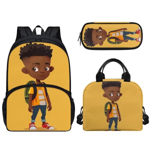 African American Boy Backpack with Lunch Box Pencil Case, 3pcs Kids Bookbags Elementary Middle School, Lightweight Durable Afro Black Boy Backpack Unique Back To School Gift