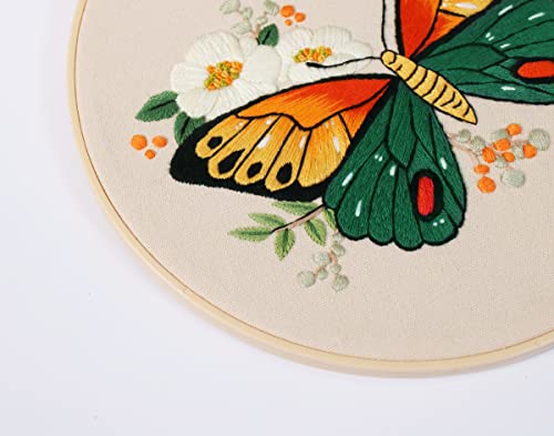 Image of TOPPROSPER Butterfly Embroidery Material Cross Stitch, Hand Embroidery Beginner DIY Set, Including Floral Patterns, Embroidery Rings, Thread and Needle (Green)