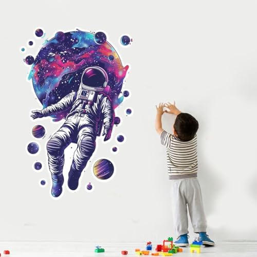 Image of Galaxy Astronaut Wall Sticker | Self Adhesive Space Theme PVC Wall Decal for Ki-ds Room, Bedroom, Nursery & Playroom Decor