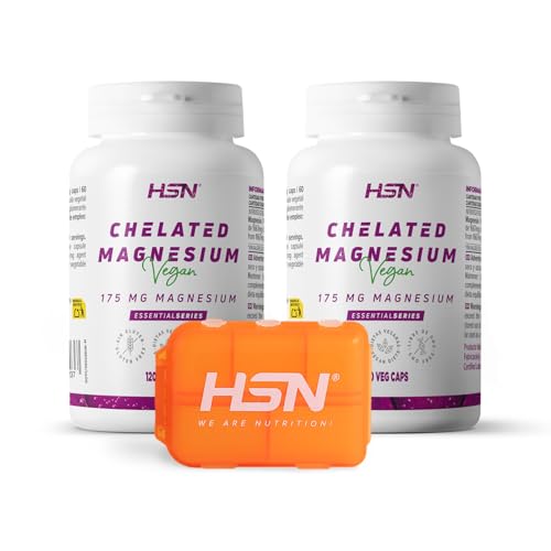 HSN Bisglicinato de Magnesio (350mg Mineral Elemental) | PACK 2 de 120 Cápsulas Veganas + 1 Pastillero Semanal | 100% Magnesio Glicinato Alta Biodisponibilidad y Absorción | No-GMO Vegano Sin Gluten