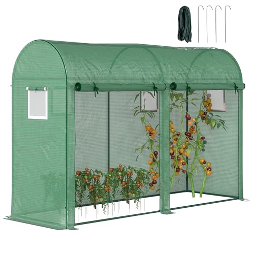 Outsunny Invernadero 300x100x200 cm Caseta de Jardín Invernadero con 4 Ventanas y 2 Puertas para Cultivos Plantas Flores de PE y Acero Verde