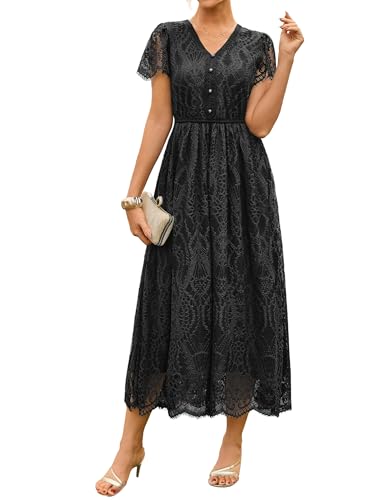Women's V Neck Short Sleeve Floral Black Lace Dress Wedding Bridesmaid Cocktail Party Maxi Dresses S