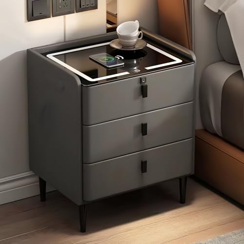 Kanbihao Smart Bedside Table with Wireless & USB Charging LED 3-Colour Light Bluetooth Speaker Fingerprint Lock 3 Drawers Modern Nightstand for Bedroom Adults 50x40x59cm Dark Grey