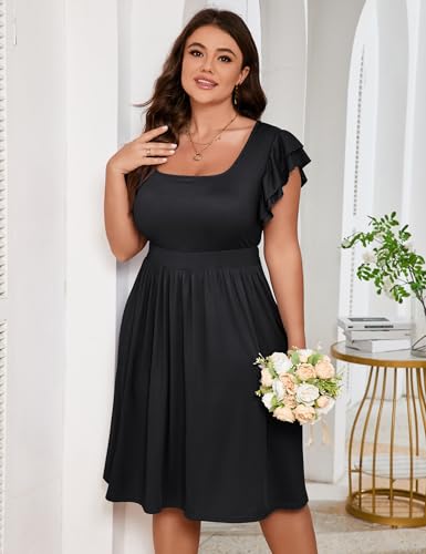 Image of ShopWonder Women Plus Size Midi Dress Short Ruffle Sleeves High Waist Casual Summer Dress with Pockets