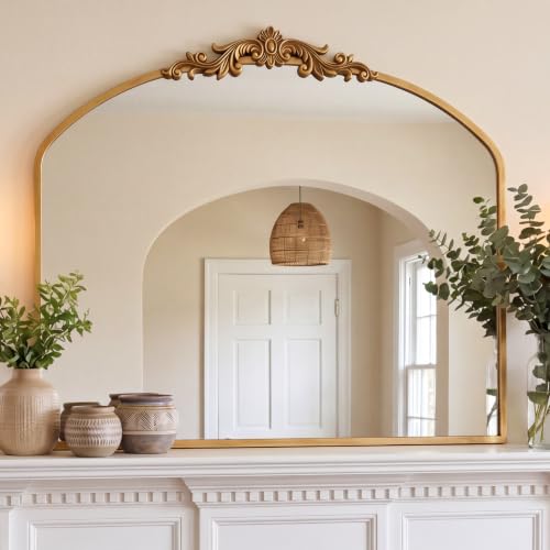 PERFNIQUE Gold Vintage Mirror, 91 x 76 cm Arched Antique Baroque Mirror for Wall, Brass Traditional Ornate Wall Decor for Bathroom Living Room Fireplace Entryway Hallway (91 x 76 cm)