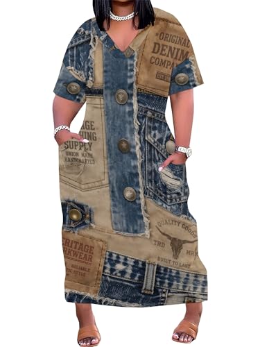 Image of SUZONANA Plus Size Denim Print Maxi Dresses for Women Casual V Neck Short Sleeve with Pockets Soft Jean Look Dress XL-6XL
