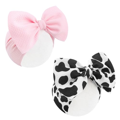 Image of ONENINEDREAM 2Pcs Moo Cow Print 7’’ Hair Bows for Baby Girls Cowgirl Accessories Infant Toddler Baby Girl Headbands Pink Bow Hair Wrap