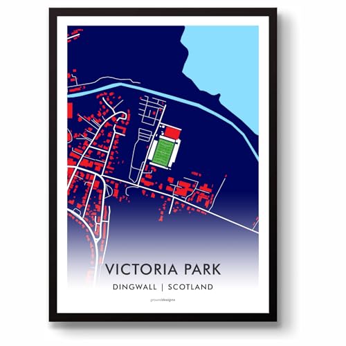 Lámina de Ross County FC con mapa artístico del estadio Victoria Park en tamaño A3 impreso
