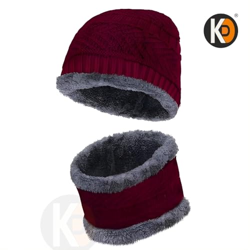 Image of K D Winter Wear 2-in-1 Woolen Beanie Cap & Muffler Set for Men & Women | Soft Thermal Wool | Fleece-Lined | Head & Neck Warmer | Unisex Winter Accessories (Cap /Muffler - Maroon Red)