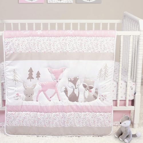 Image of Sammy & Lou Sweet Forest Friends 4-Piece Baby Nursery Crib Bedding Set for Girls, Includes Quilt, Fitted Crib Sheet, Crib Skirt, and Plush Toy