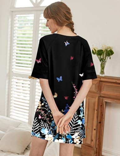 Image of Ekouaer Nightgowns for Women Color Block Sleep Shirt Short Sleeve Sleepwear