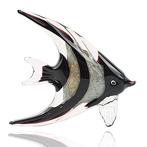Image of Hophen Art Glass Tropical Angel Swallow Fish Blown Handmade Sea Animal Figurine Sculpture Home Decor Collectible Statue Paper Weight Gift Ornament (Black White)