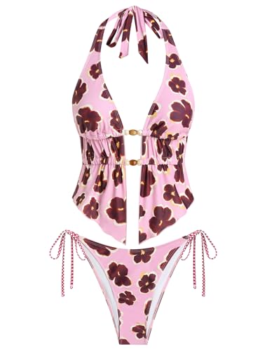 Image of ZAFUL Halter Swimsuits for Women Textured Backless 2 Piece Bathing Suits Cheeky High Cut String Tie Side Bikini Sets
