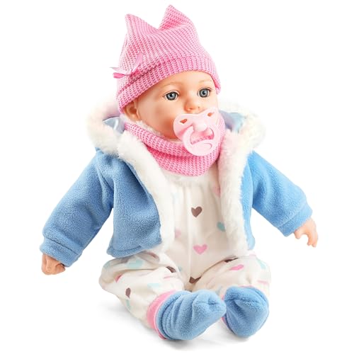 Bibi Doll 16 Baby Girl Doll Louise with Sounds & Dummy - Soft Body Realistic Baby Doll in Blue Coat Vinyl Limbs Lifelike Blue Eyes Toy for Boys & Girls Aged 18 Months+