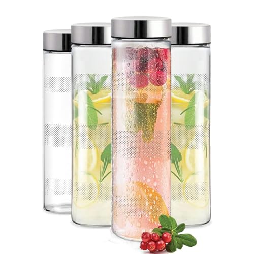 Image of Wide Mouth Glass Water Bottle with Leak-Proof Airtight Stainless Steel Lid for Water, Juices With long Cap - 750ml (Set Of 4)