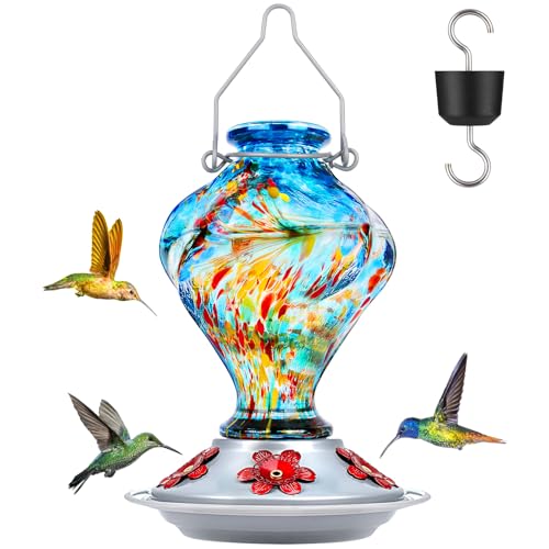 Hummingbird Feeder, BOLITE Glass Hummingbird Feeders for Outdoors Hanging, Hand Blown Twisted with Ant Moat and Five Feeding Ports, 24 Ounces, Leak Proof, Blue, Gifts for Women Men, Gifts for Mom Dad