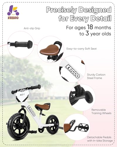 Image of KRIDDO 2-in-1 Tricycle and Balance Bike for 2 Year Old with Training Wheels