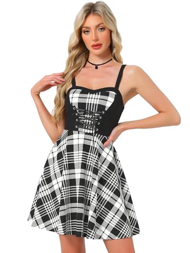Allegra K Women's Plaid Lace-Up Dress Gothic Sleeveless Tartan Mini Club Party Dress