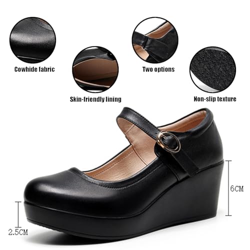 Women's Genuine Leather Platform Wedge Mary Jane Shoes Classic Round to Ankle Strap Height Increase Dress Pumps Daily Business Office Formal Shoes3