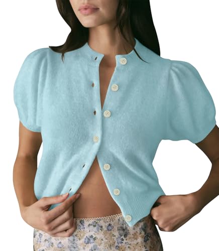 Image of Womens Puff Short Sleeve Cardigan Sweaters Cropped Button up Lightweight Y2k Knit Summer Cardigans