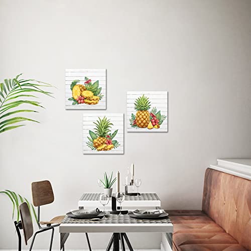 Tiuauit Tropical Pineapple Decor Framed Wall Art Fruits Painting Prints On Canvas Kitchen Wall Decor Easy To Hang 12"X12"X3Pcs #TOP3