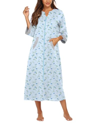 Image of Ekouaer Women Zipper Robe 3 /4 Sleeves Loungewear Dress Full Length Sleepwear Pockets Housecoat Nightgown Long Bathrobe