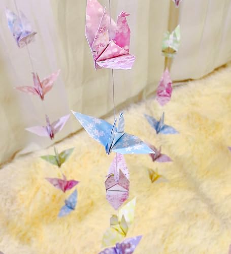 Image of Pink Cherry Blossom Crane Paper Hanging Garland(3stringsX 5.2ft), Japanese Origami Bird Streamers, Sakura Flower for Bridal Shower, Baby Shower Birthday Party Supplies. Garden Ceiling Decor