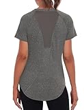 【Einzigartiges Rückendesign】 Gekrümmter Saum Damen Yoga-T-Shirt, klassisch und beliebt. Der runde Saum verleiht ein einzigartiges Tragegefühl. Laufshirt damen mit umgekehrten Dreiecksnähten auf dem Rücken und Mesh-Design. Das Mesh-Design erhöht den Feuchtigkeitstransport und hilft, die Haut während des Trainings trocken zu halten.