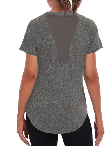 Wayleb Sports Tops for Women Crew Neck Yoga Tops Ladies Workout Running Activewear Short Sleeve Tee Shirts for Womens Dark Grey