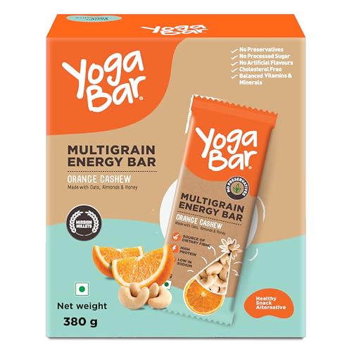 Image of Yogabar Cashew Orange Multigrain-Energy Bars - Pack of 10, Healthy Diet Snacks with Dates, Oats and Millets, Gluten Free and High Protein Crunchy Nut Bar, Packed with Chia and Watermelon Seeds