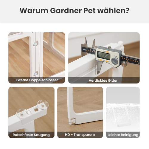 Gardner Pet Acryl Welpenauslauf, 60 cm 8 Panels hundelaufstall für Wohnung, Welpenlaufstall faltbar, Transparent, mit Saugnäpfen Laufstall Hund, geeignet für Welpen, Kaninchen, Katzen, Schweine, Weiß