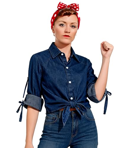 Kimoruro Womens Denim Crop Top with Red Polka Dot Bow Headbands Halloween Costume Cosplay Outfit (Blue Medium)