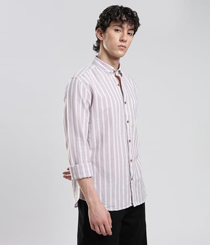 Image of TURMS Men's Casual Striped Linen Shirt | Water Repellent | Anti Stain Anti Odor | Kansas Linen | Concealed Button Down Collar | Full Sleeves