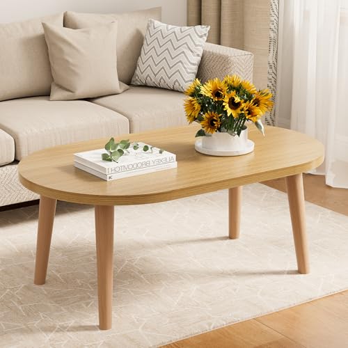 Coffee Table Low Table with Solid Wood Legs, Small Oval Coffee Table Side Table, Floor Table Desk for Sitting on The Floor, Storage and Living Room Furniture for Office Apartment Home, Natural