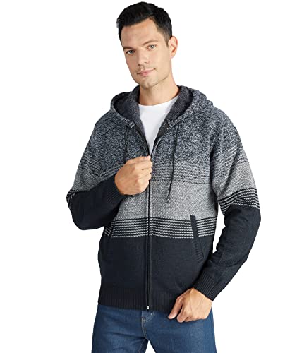 Jacketown Mens Sherpa Fleece Lined Stripe Hoodie Jackets Thick Cable Knitted Cardigan Sweater Coats (Light Grey Black, M) #TOP1