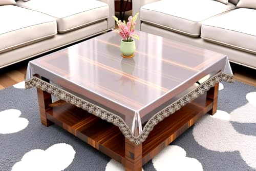 Image of The Furnishing Tree Square Shaped Center Transparent Table Cover Size 42x42 inches 0.25 mm Thickness with Golden Lace