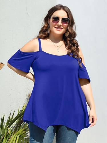 Image of LARACE Cold Shoulder Tops for Womens Summer Clothes Spaghetti Strape Tunic Oversized Shirts Asymmetrical Plus Size Blouse