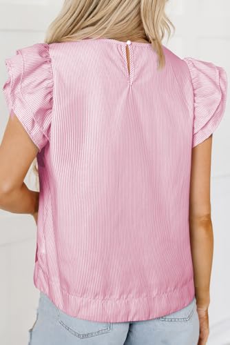 Pink Pinstripe Floral Print Ruffled Flutter Sleeve Blouse2