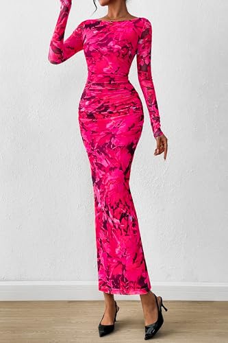 Image of PRETTYGARDEN Women's Long Sleeve Bodycon Dresses 2026 Spring Sexy Floral Mesh Slit Ruched Tight Maxi Wedding Guest Dress