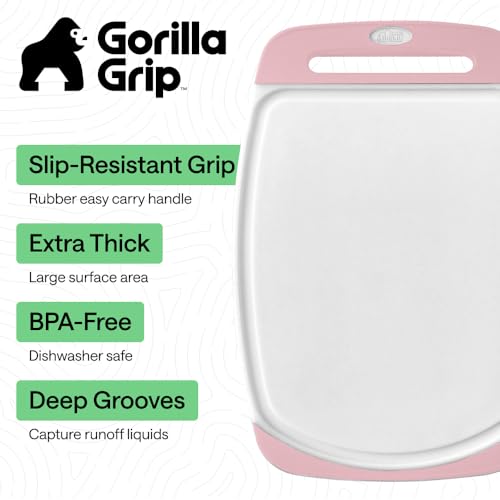 Image of GORILLA GRIP BPA-Free Reversible Kitchen Cutting Board Set of 3, US Designed, Nonporous, Juice Grooves Catch Liquid, Slip Resistant Border, Dishwasher Safe, Durable Large Food Chopping Boards, Pink
