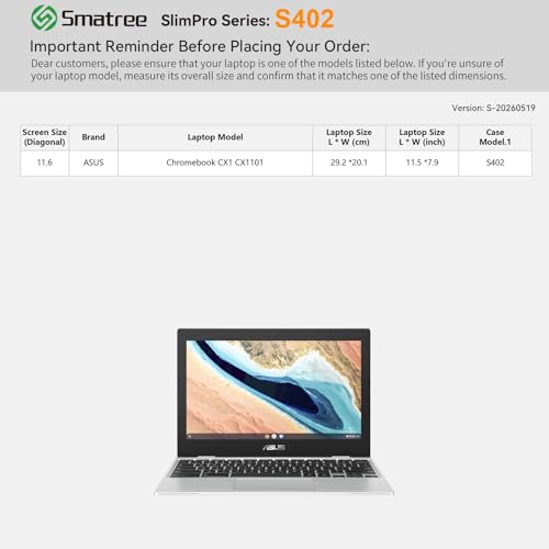 Image of Smatree SlimPro Laptop Case for 11.6 inch ASUS Chromebook CX1 CX1101 | Compatible for 11.6 inch ASUS Chromebook CX1 CX1101, Case with Accessory Pocket, Patented Super-Corner Design (S402)