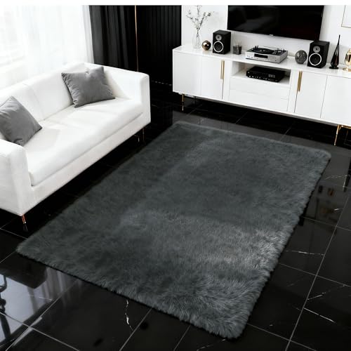 Tapis de salon moelleux 110 x 270 cm gris foncé à poils longs et épais - 4