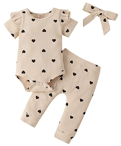 Image of Fullfamous Baby Girl's 3pc Rib Frill Long Sleeve Romper and Pant Set
