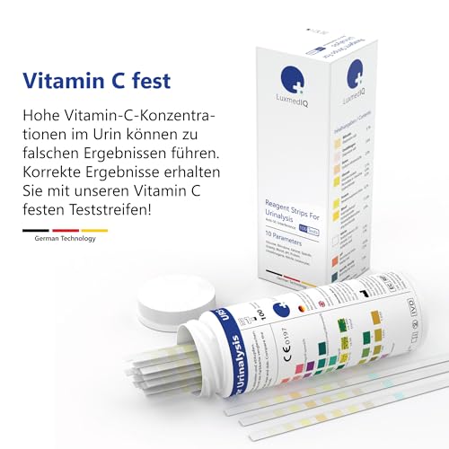 100x LuxmedIQ Urin Teststreifen - 10 Parameter Harnteststreifen - Teste auf Harnwegsinfektionen, Blasenentzündungen, Säure-Base Haushalt, Ketose, Diabetes, Leber- & Nierenerkrankungen, Blut im Urin