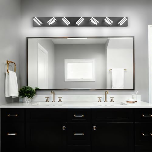 Image of SOLFART LED Modern Vanity Lights Fixtures: 7 Lights Acrylic Matte Black Modern Bathroom Wall Light Over Mirror 46inch