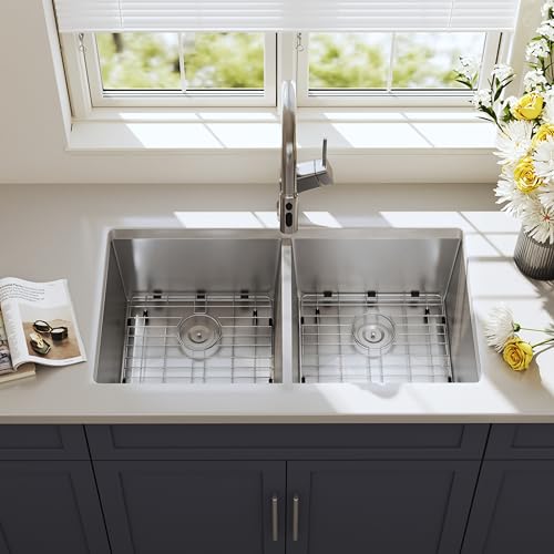 Blenzia 32 Inch Undermount Double Bowl Kitchen Sink Handmade 16 Gauge Stainless Steel 50/50 Deep Sinks with Strainer & Bottom Grid 32" x 19" x 10"