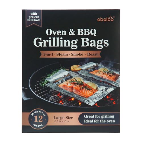 ebelbo Upgrade Grill Bags with Pre Cut Vent Hole Large Size Aluminum Foil Portable Disposable BBQ Bags for Grilling Cooking Steaming Roasting and Smoking - Size 15.5x10 12 Count - 1 Pack