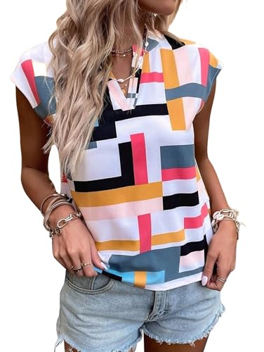NONDK Camiseta para Mujer, Color Block, Cuello en V, Corta, Top de Moda, Informal, Holgada, de Verano. Color A XL